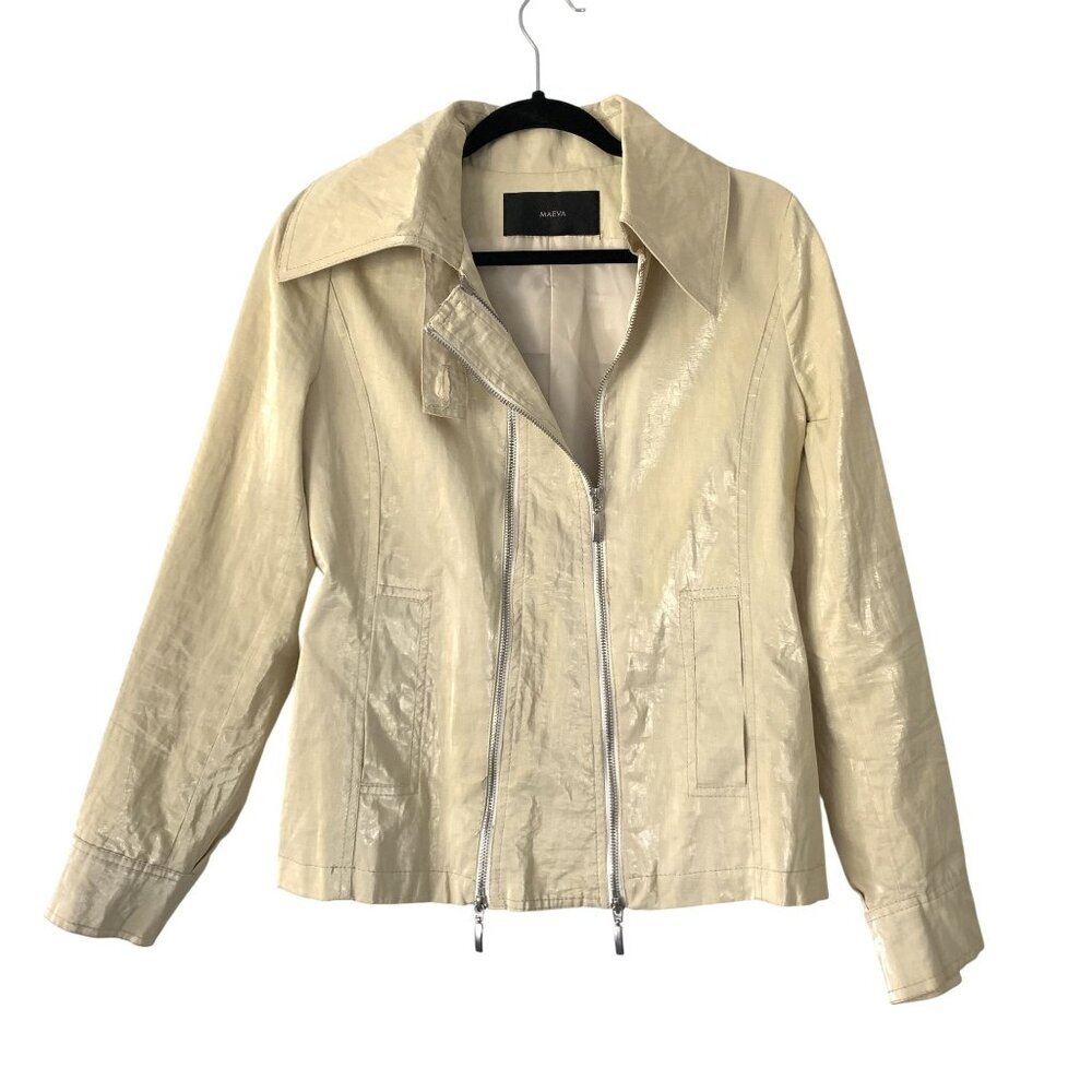 Maeva Beige Metallic Jacket Double Zipper Closure Spread Collar Size M Linen